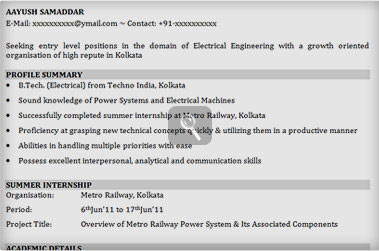 Resume title for fresher electrical engineer