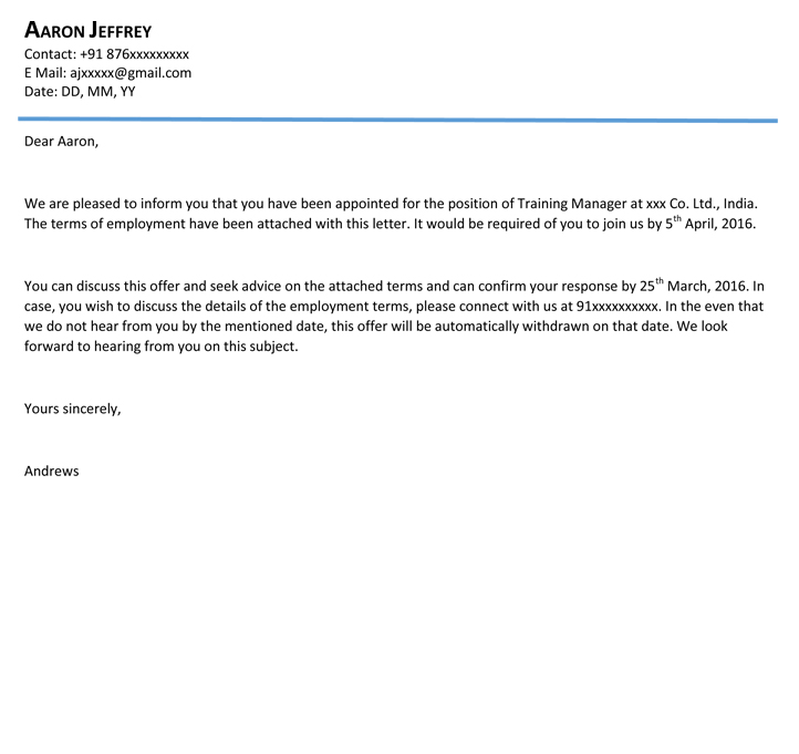 Offer Letter Email Template Database | Letter Template ...