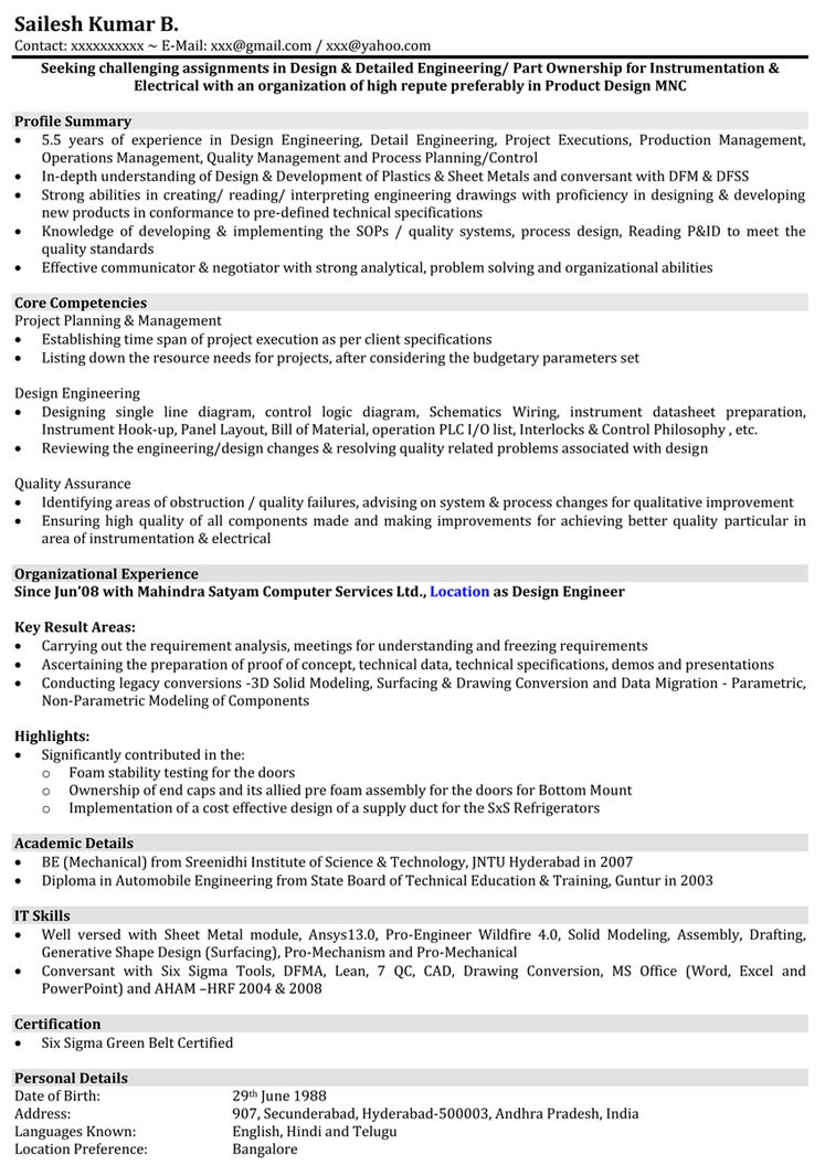 Automobile Resume Samples Mechanical Engineer Resume Format