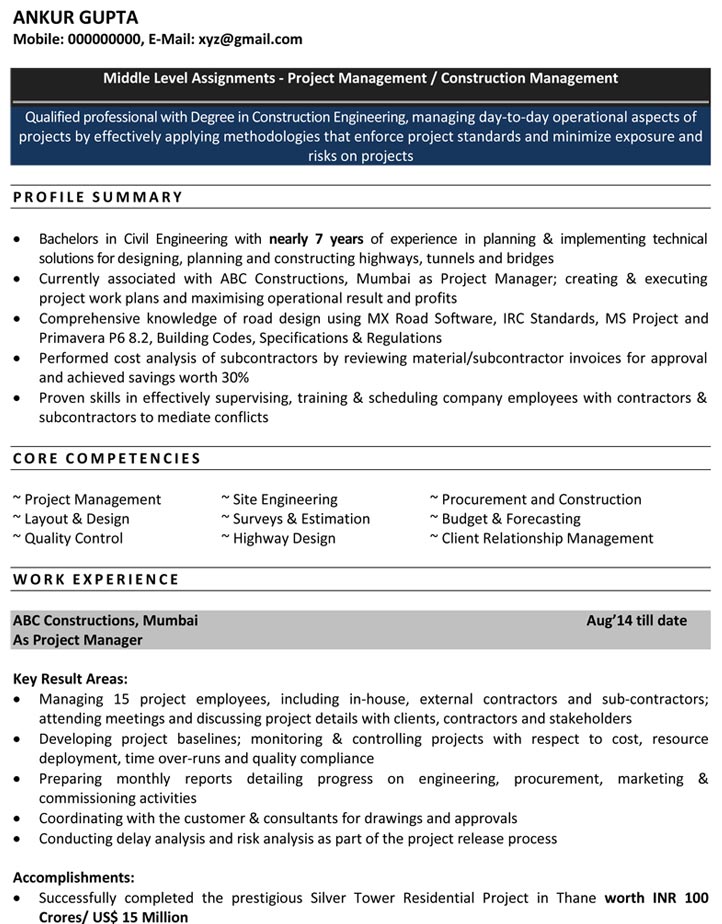 Civil Engineer Resume Sample Civil Site Engineer Resume Format