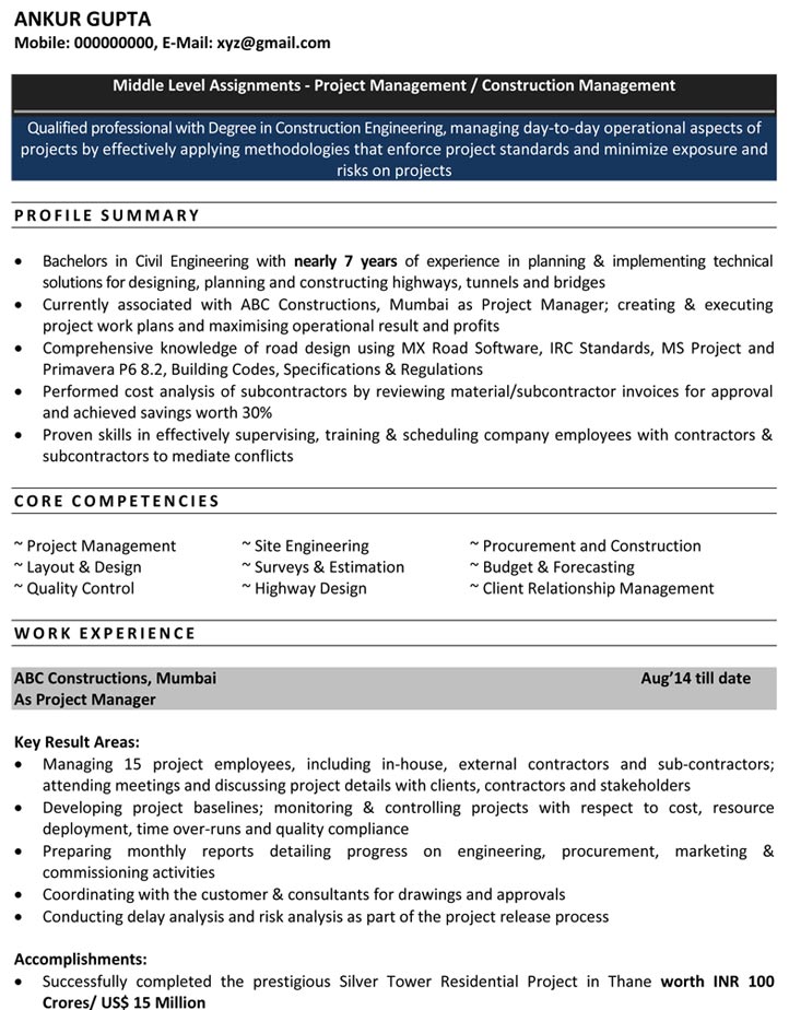 Construction site engineer resume