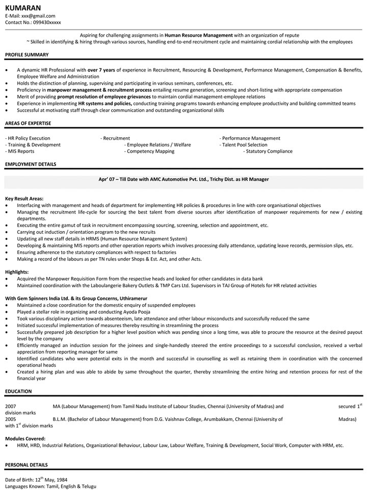 Human resource example resume