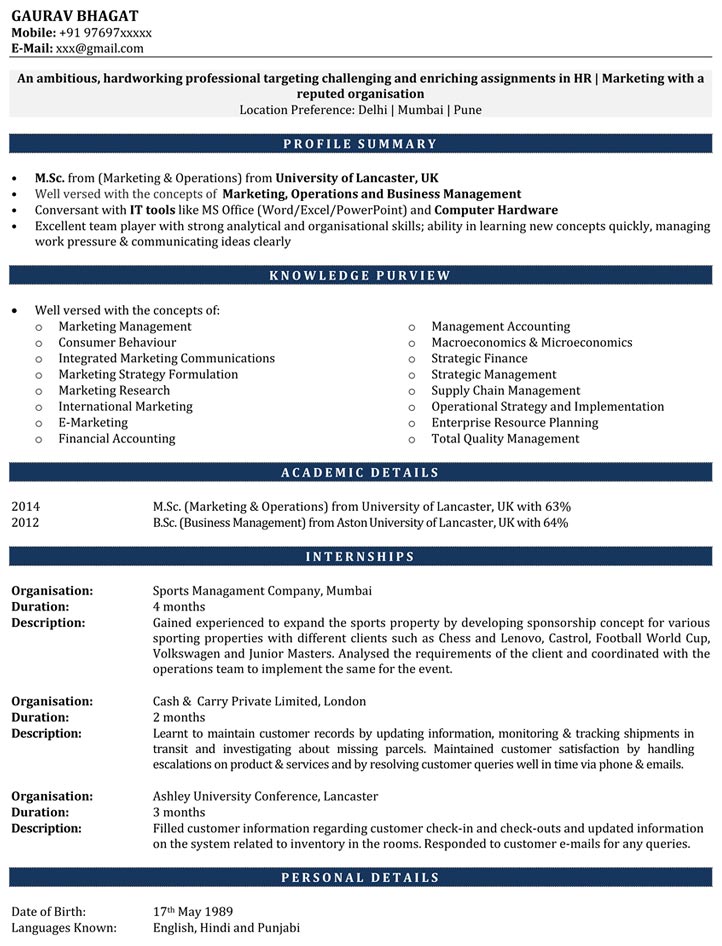 Internship on a resume sample