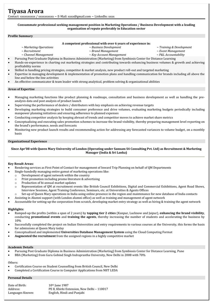 Free sample resume mba student