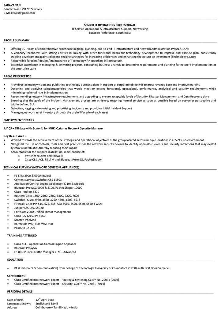 Sample resume of network engineer for freshers