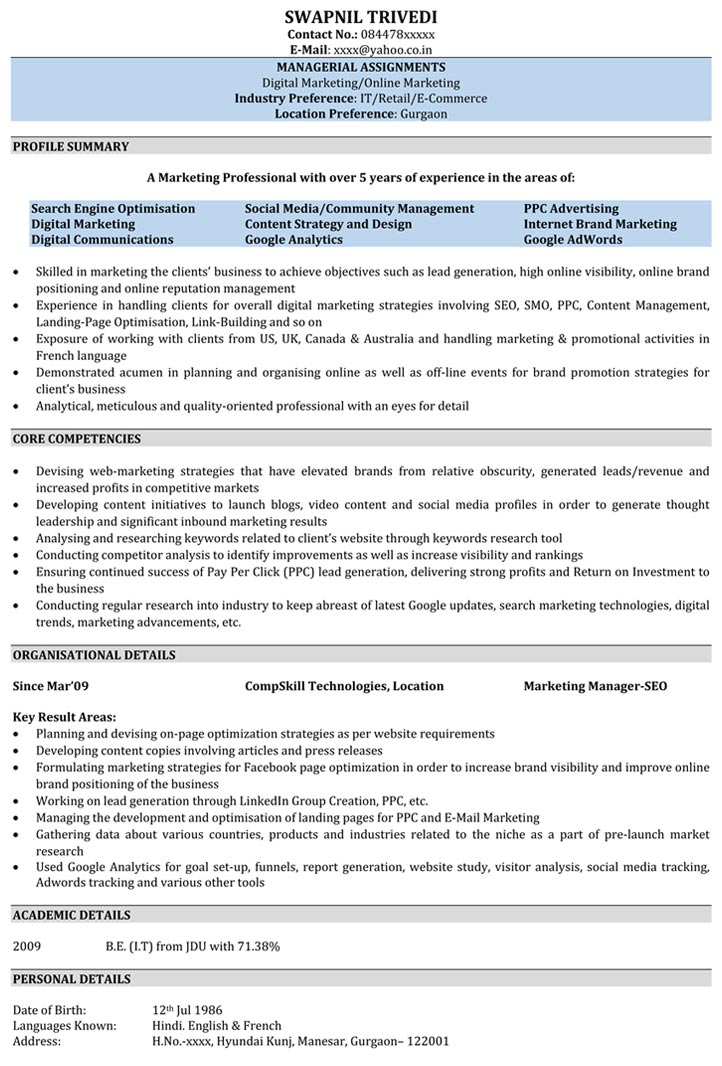 Seo Resume Samples Sample Resume For Seo Naukri Com