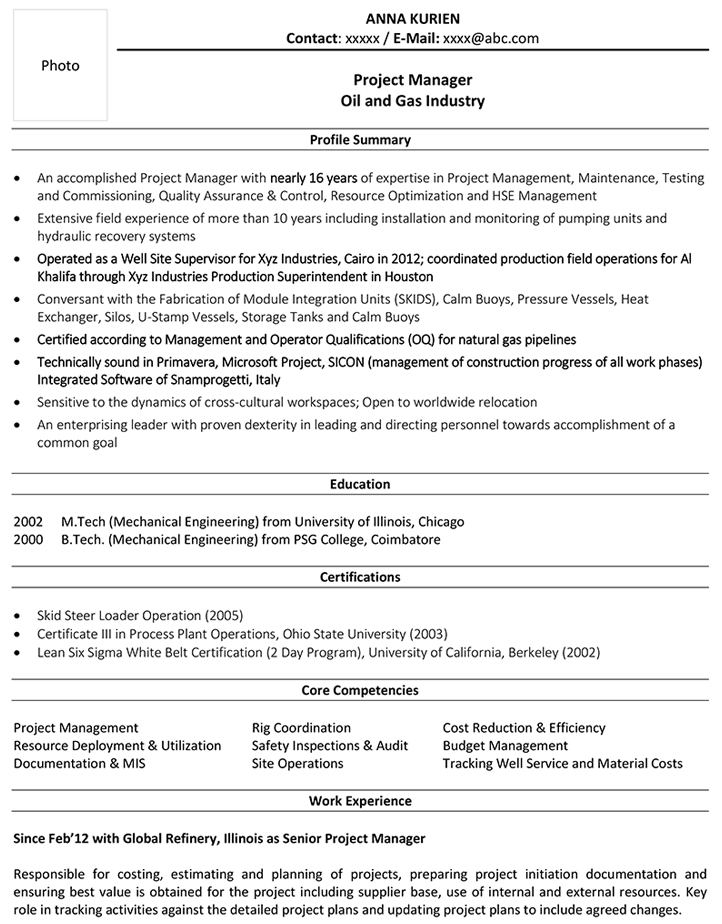 Oil and Gas CV Format - Oil and Gas Resume Sample and Template